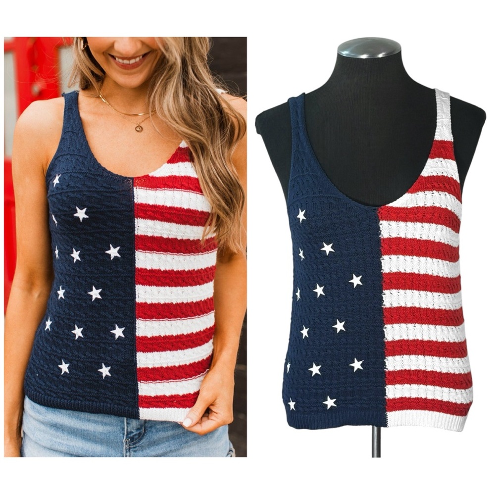 Moon & Madison – Crochet Knit American Flag Scoop Neck Tank – Large – NWT